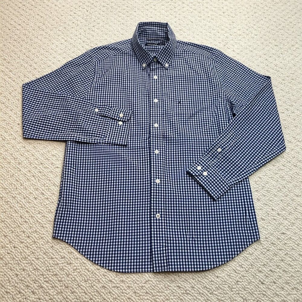 Nautica Button Down Shirt Mens Large Blue Check Long Sleeve Pocket Logo Cotton